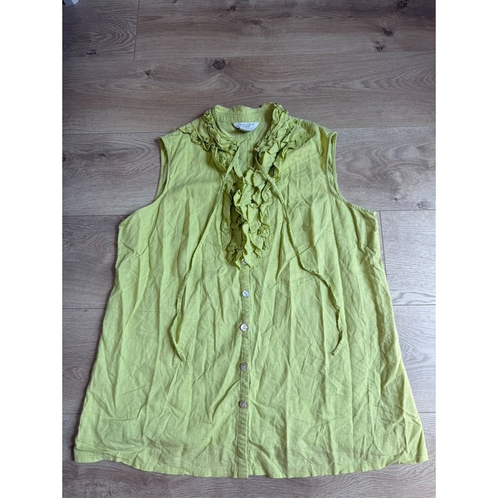 EUC Sandro Sportswear Linen Blend Sleeveless Green Ruffle Shirt Beach Casual XL